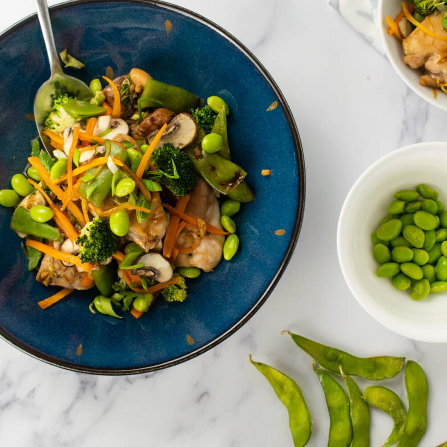 Soy chicken with vegetables including edamame, broccoli, carrots, and onions in a dish.