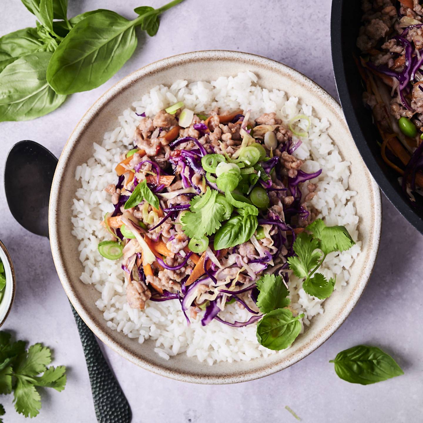 A bowl of white rice topped with sautéed ground meat, purple cabbage, and green herbs, beside a bowl of chopped scallions and fresh basil.