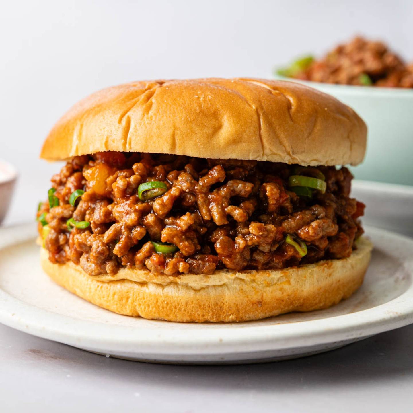 A juicy sloppy joe sandwich is centered on a white plate. The bun is golden brown, holding a savory, saucy ground meat filling. 