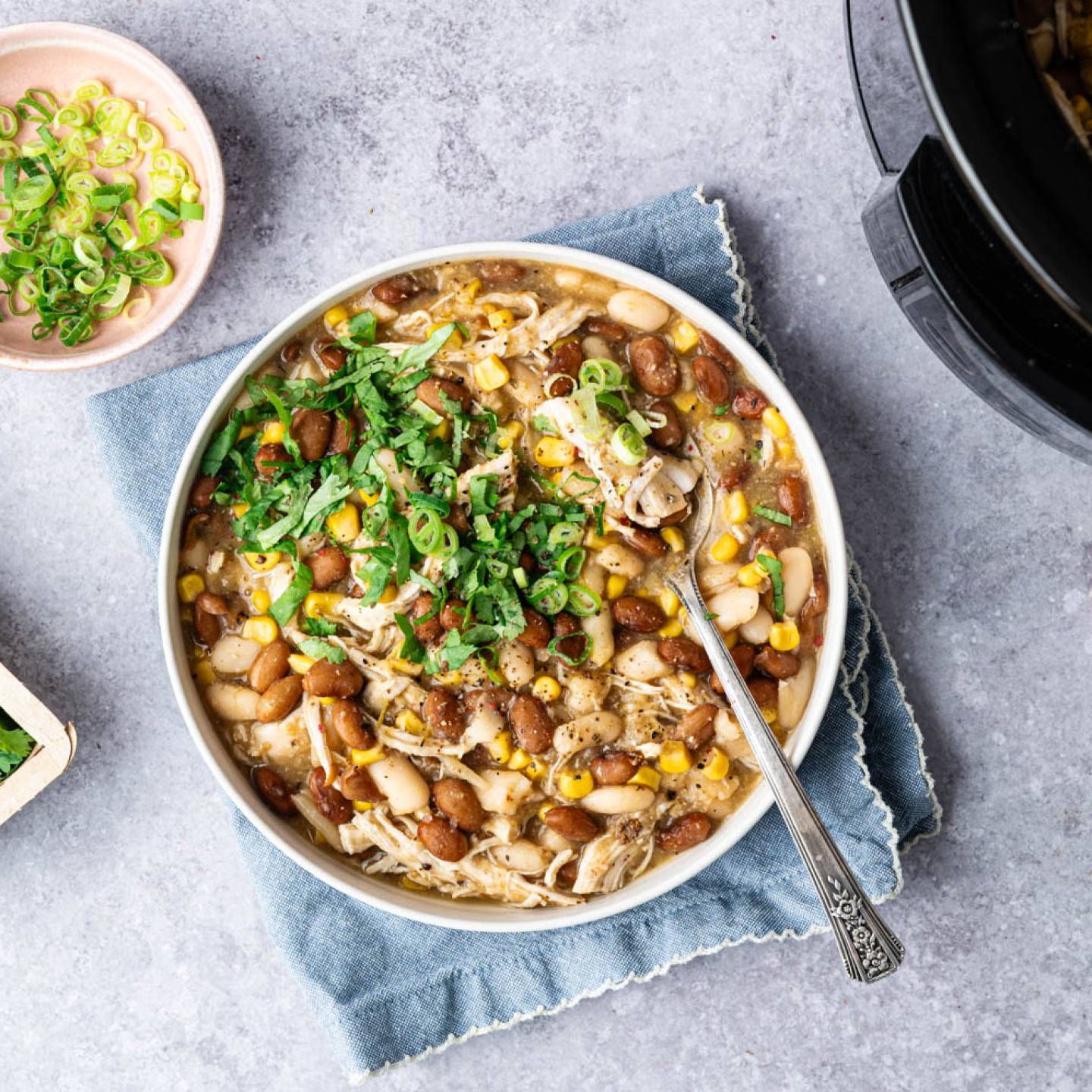 A hearty bowl of chicken chili topped with fresh cilantro and sliced green onions. A dish of green onions and fresh cilantro beside it, exuding a cozy feel.