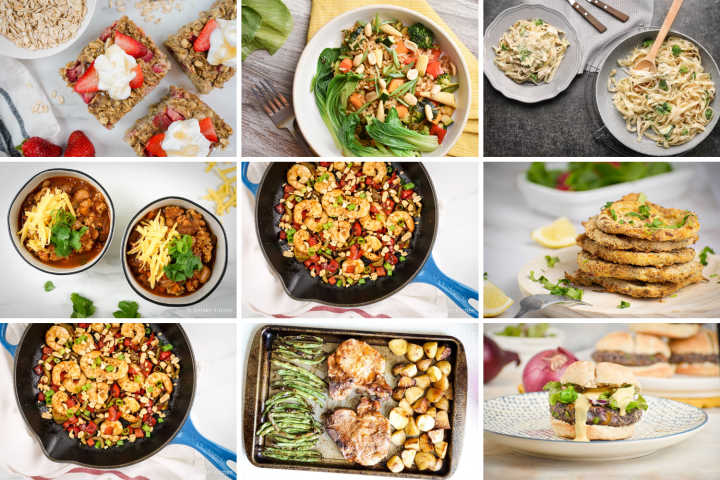 Healthy meal plan with baked oats, salad, chili, fish, and sheet pan meals.