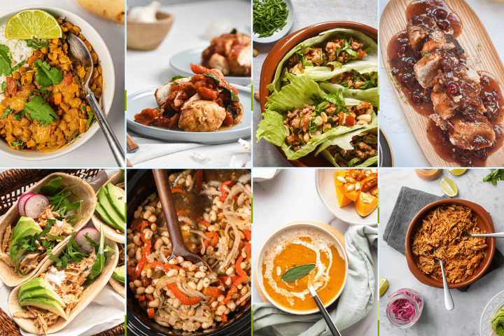 Healthy Crockpot recipes including soup, chicken, lentils, beef, pork, and more.