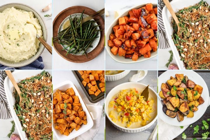 Thanksgiving vegetable side dish recipes including mashed potatoes, carrots, green bean casserole, and more.