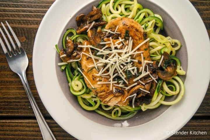 Balsamic chicken with mushrooms and Parmesan cheese over zucchini noodles.
