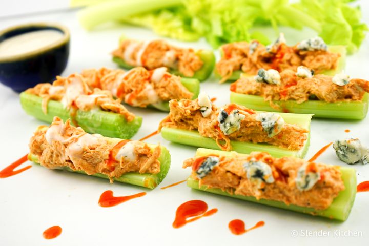 Buffalo Chicken Celery Bites with crumbled blue cheese.