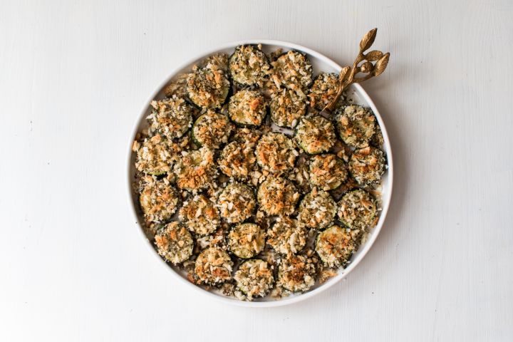 Crispy baked zucchini with panko breadcrumbs and Parmesan cheese.