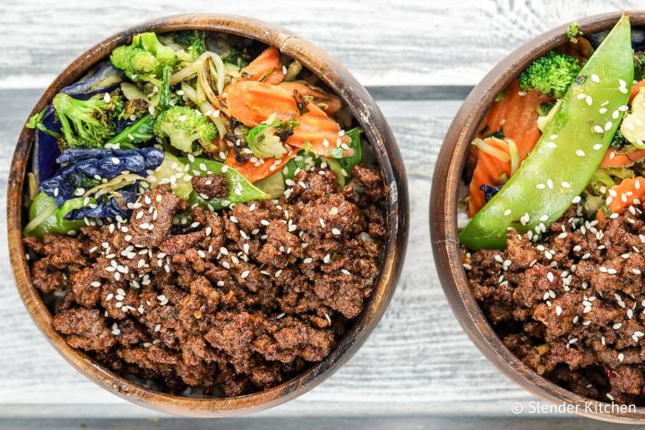 Vegetarian Korean Bowls with sauteed Asian vegetables and vegetarian crumbles.