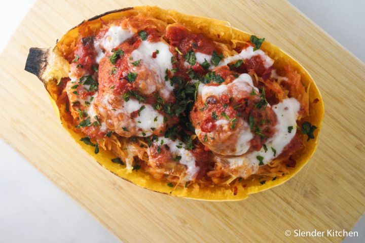 Spaghetti squash and meatballs with marinara sauce and melted fresh mozzarella cheese.