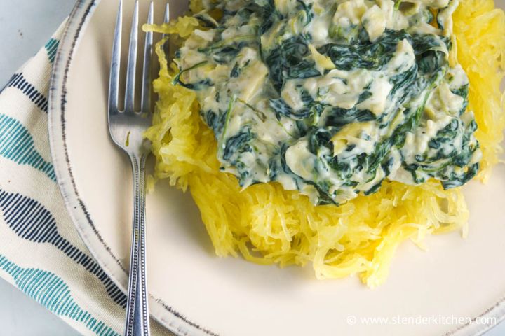 Spinach and artichoke sauce served over a bed of spaghetti squash. 