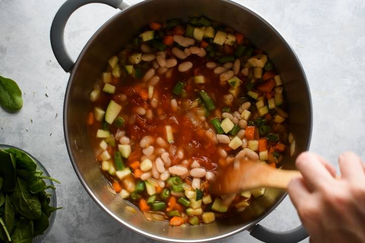 Soup pot with vegetables, tomatoes, and vegetable broth.