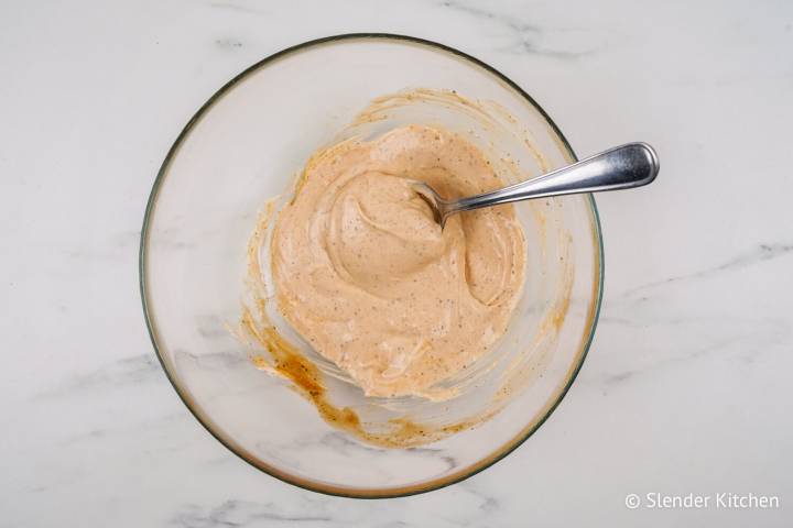 Buffalo ranch salad dressing mixed in a bowl.