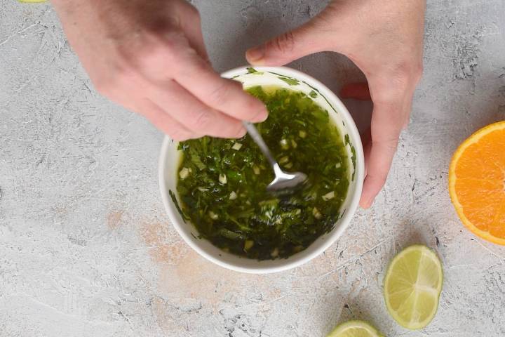 Carne asada marinade with lime juice, orange juice, olive oil, cilanto, and jalapeno.