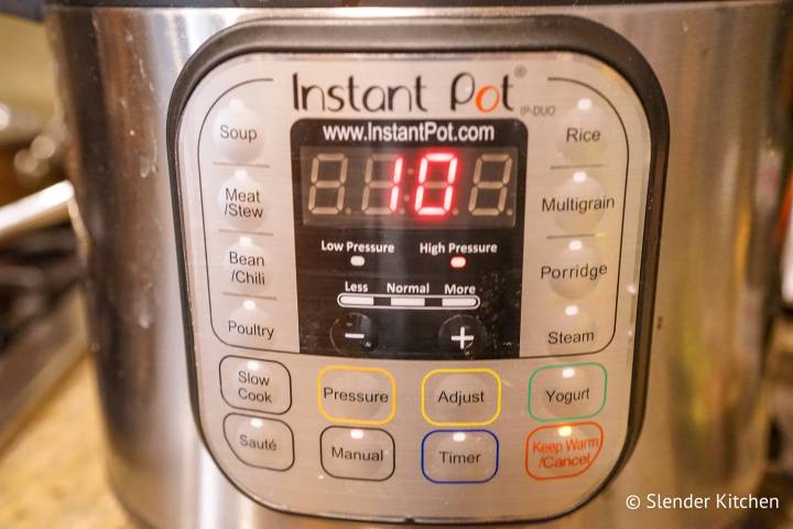 Front display of an Instant Pot set to 10 minutes.