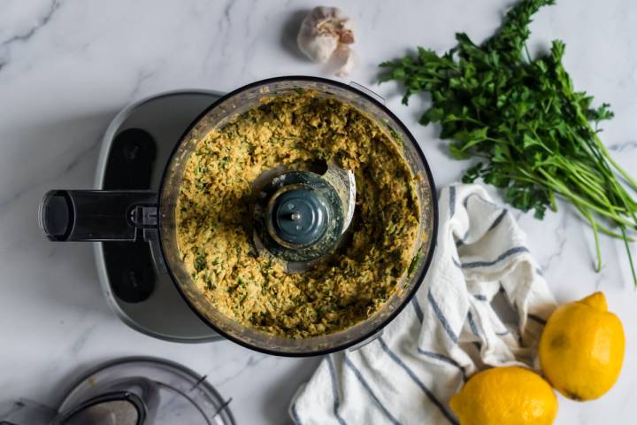 Lentil falafel mixture in a food processor.