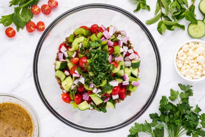 Lentils, cucumbers, tomatoes, red bell peppers, celery, and herbs in a glass bowl.