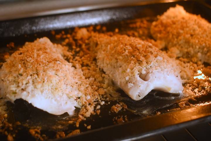 Parmesan tilapia baking in an oven with a crispy breadcrumb coating.