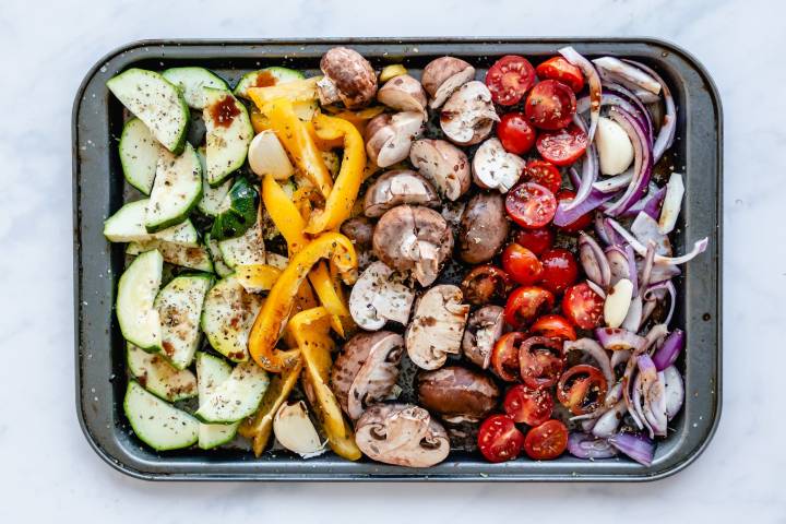 Vegetables on a baking sheet.