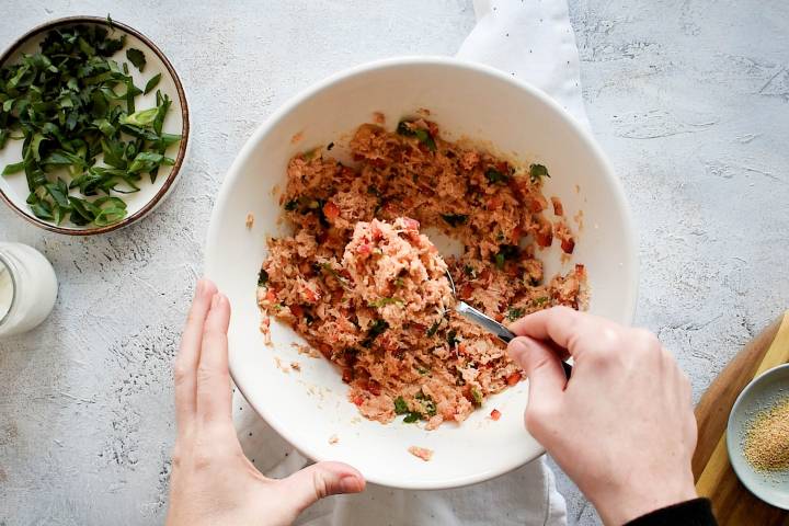 Canned salmon, red peppers, cilantro, breadcrumbs, and yogurt being mixed together.
