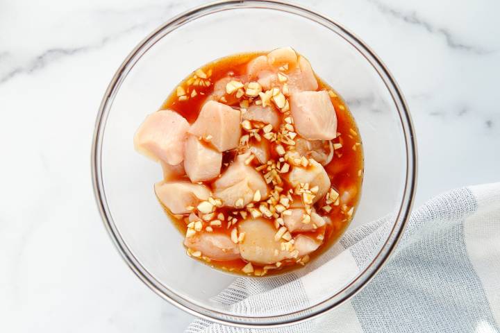 Chicken breast in honey Sriracha marinade.