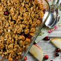 Cranberry Apple Baked Oatmeal with apple slices and fresh cranberries next to the dish.