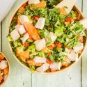 Mandarin chicken salad with Romaine, chicken breast, mandarin oranges, red pepper, and sesame dressing.