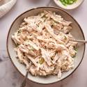 Healthy chicken salad with shredded chicken, celery, greek yogurt, mayonnaise, and spices in a bowl.