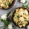 Cauliflower piccata pasta with capers, garlic, lemon, butter, and parsley in a bowl.