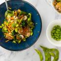 A vibrant dish of soy-glazed chicken and vegetables served in a blue bowl, featuring edamame, broccoli, carrots, mushrooms, and snap peas.