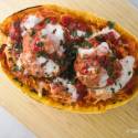 Spaghetti squash and meatballs with marinara sauce and melted fresh mozzarella cheese.