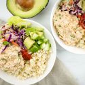 Spicy tuna bowls with spicy tuna salad, avocado, cucumbers, and brown rice.
