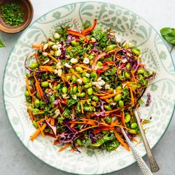 Edamame salad with shelled edamame, kale, carrots, red bell peppers, peanuts, cilantro, and mint served with peanut dressing.