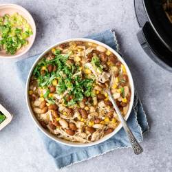 A hearty bowl of chicken chili topped with fresh cilantro and sliced green onions. A dish of green onions and fresh cilantro beside it, exuding a cozy feel.