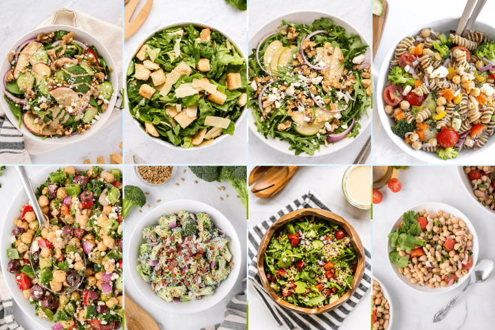 Salad recipes including spinach salad, Caesar salad, lentil salad, chickpea salad, and more.