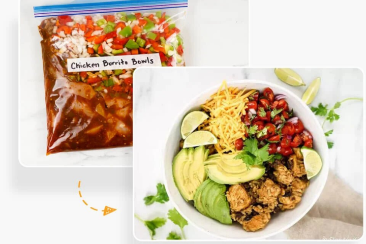 Guide to planning for a freezer cooking including chicken burrito bowls.