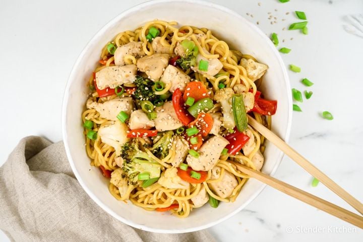Chicken chow mein with chicken breast, noodles, and veggies in a savory chow mien sauce.