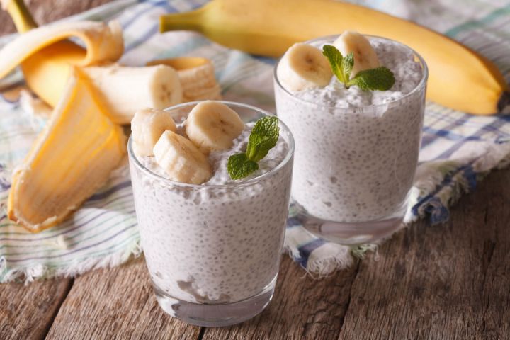 Coconut chia seed pudding with banana slices on top.