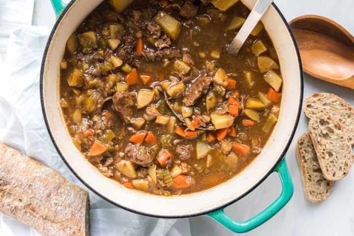 Hearty beef stew with potatoes, carrots, parsnips, and tender beef cooked in a hearty beef broth.