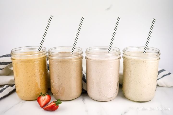 Overnight oatmeal smootheis in four flavors in glass jars. 