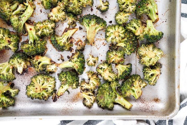 Roasted Asian broccoli cooked until the edges brown with soy sauce, sesame sauce, rice vinegar, and ginger.