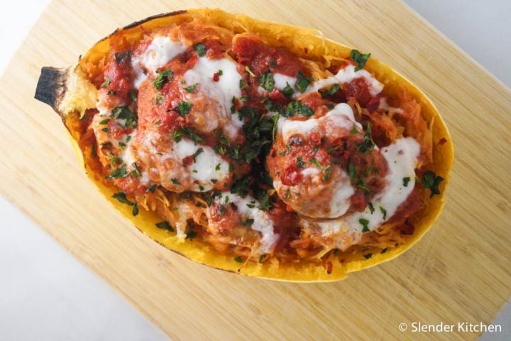 Spaghetti squash and meatballs with marinara sauce and melted fresh mozzarella cheese.
