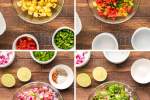 Steps for making pineapple salsa including grilled pineapple, lime juice, red peppers, serrano peppers, and cilantro.