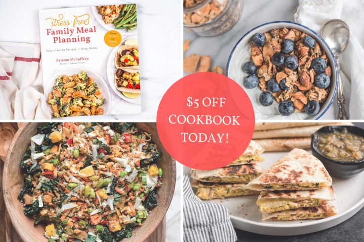 Cookbook and three recipes inlcuding granola, kale salad, and quesadillas.