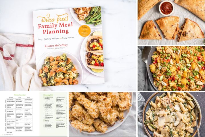 Cookbook with with empanadas, fried rice, pasta, and chicken fingers.