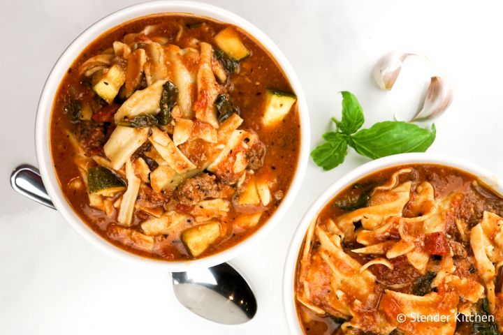 Slow Cooker Vegetarian Lasagna soup with noodles, zucchini, and more.