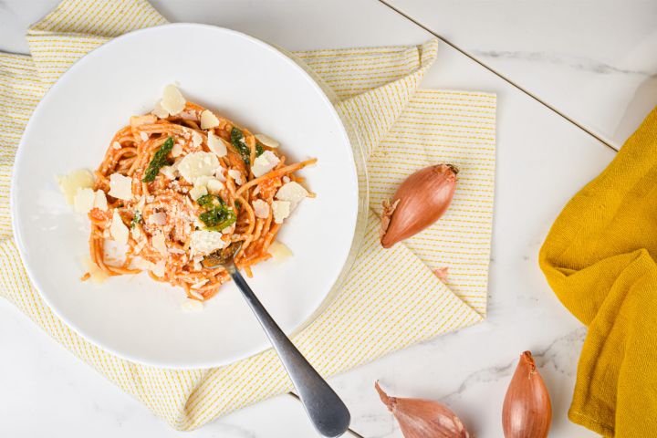 One pot spinach tomato pasta in a bowl with Parmesan cheesee with a napkin and shallots.