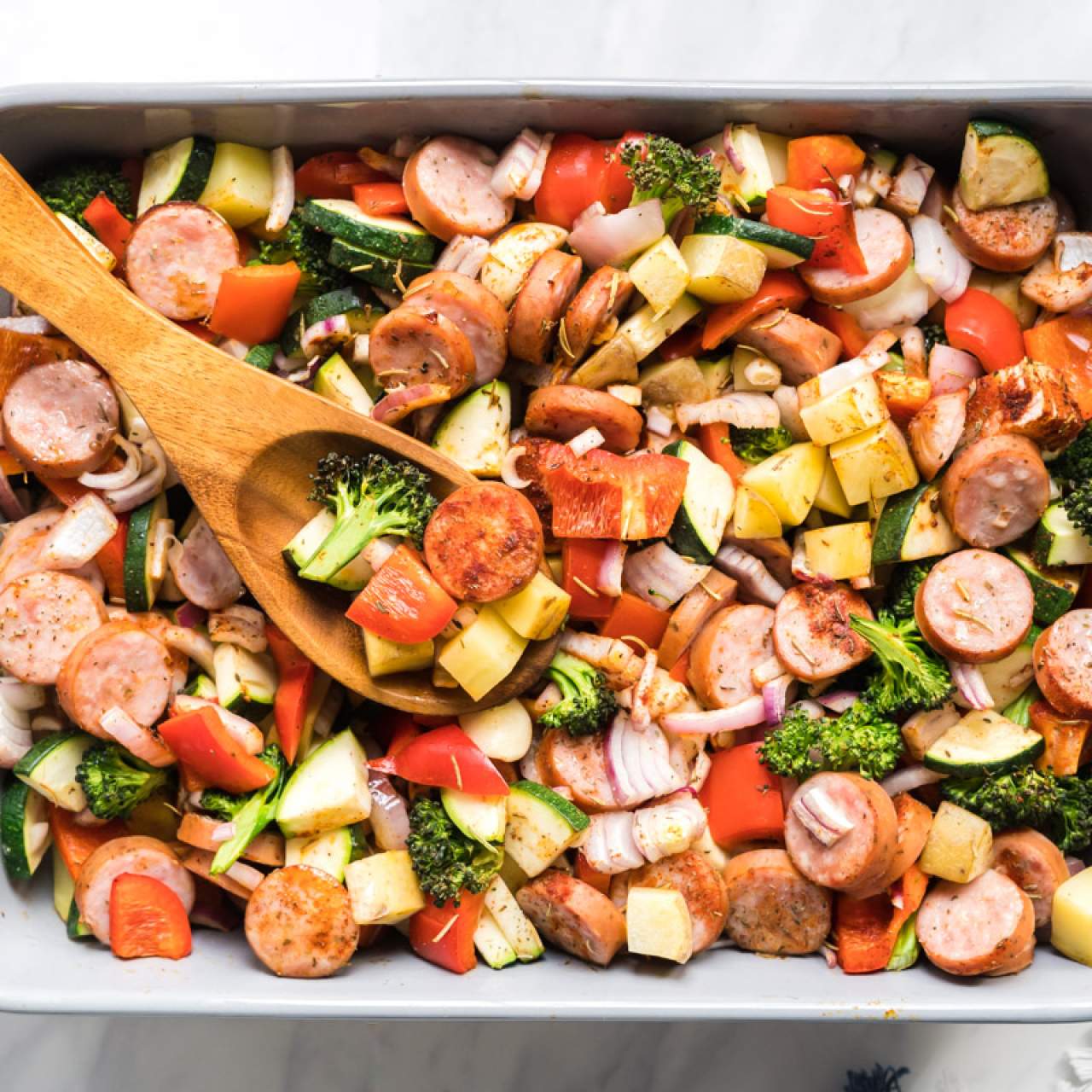 One Pan Sausage, Potato, and Vegetable Bake - Slender Kitchen