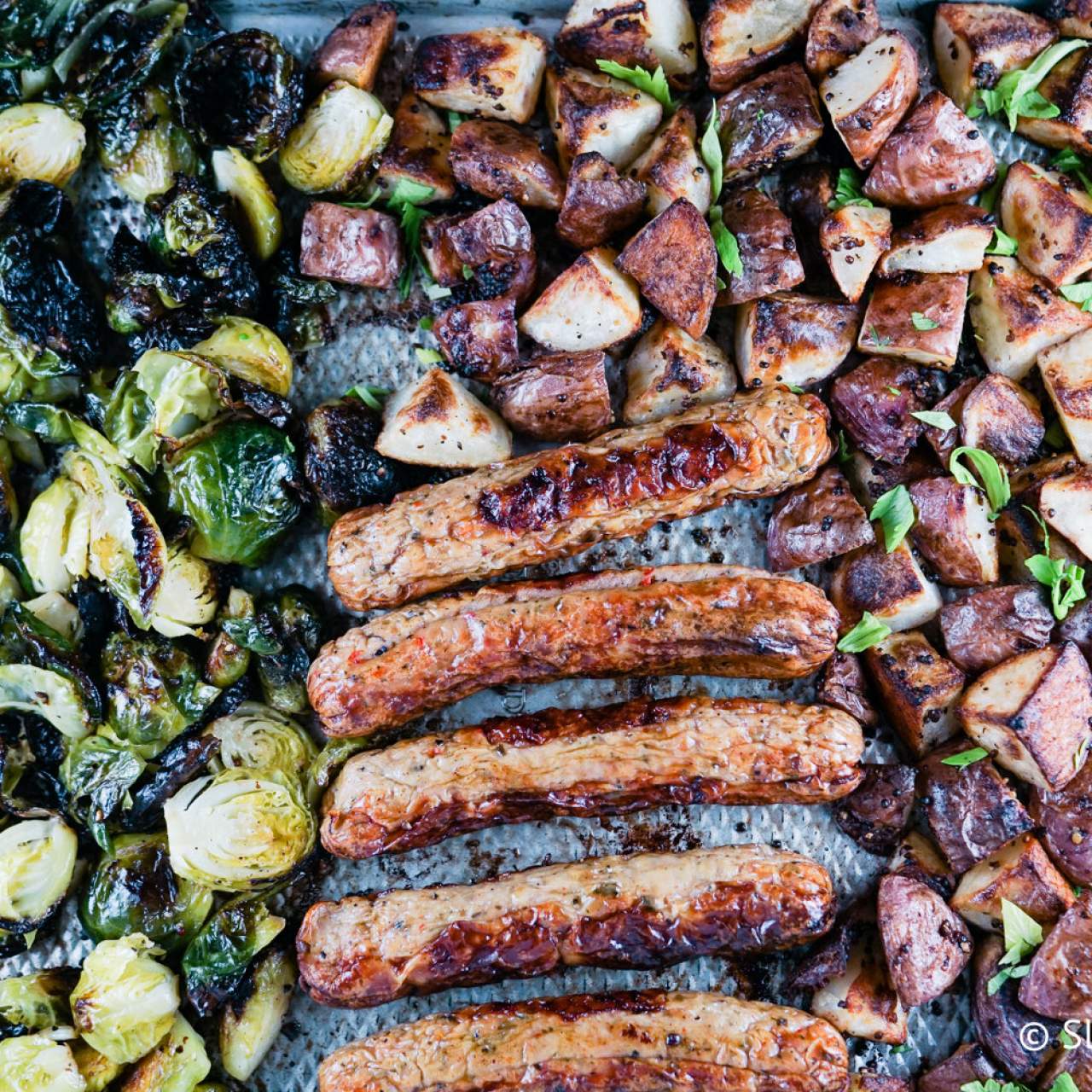 image of Sheet Pan Sausage, Potatoes, and Brussels Sprouts recipe by Slender Kitchen