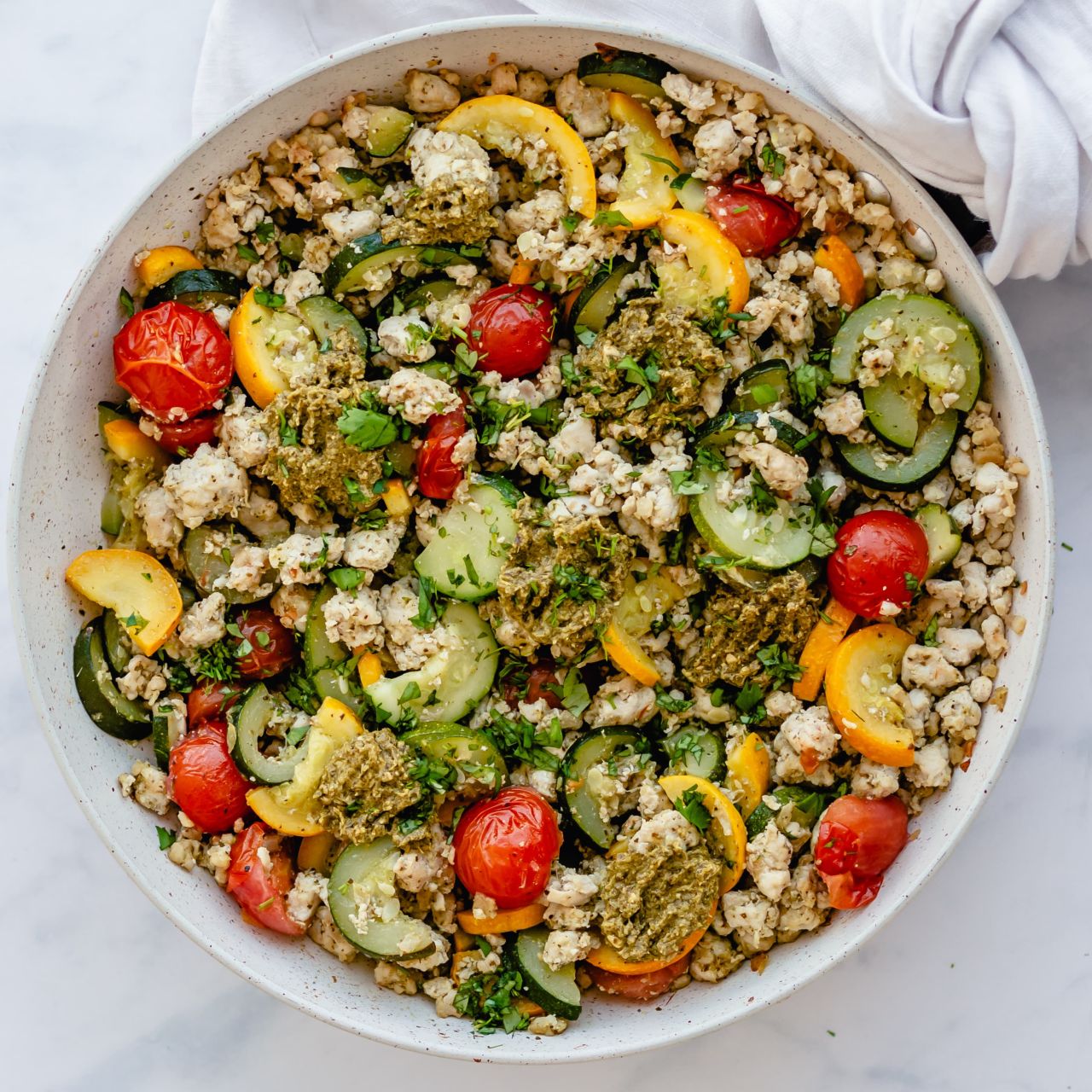 image of Pesto Ground Turkey With Zucchini​​ recipe by Slender Kitchen