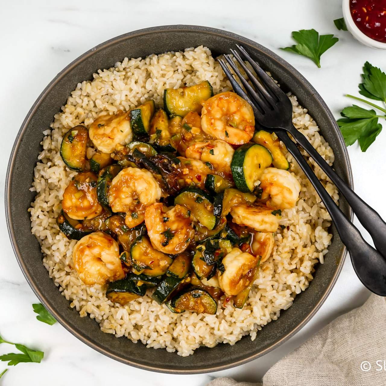 image of Thai Basil Shrimp Stir Fry recipe by Slender Kitchen image of Thai Basil Shrimp Stir Fry recipe by Slender Kitchen