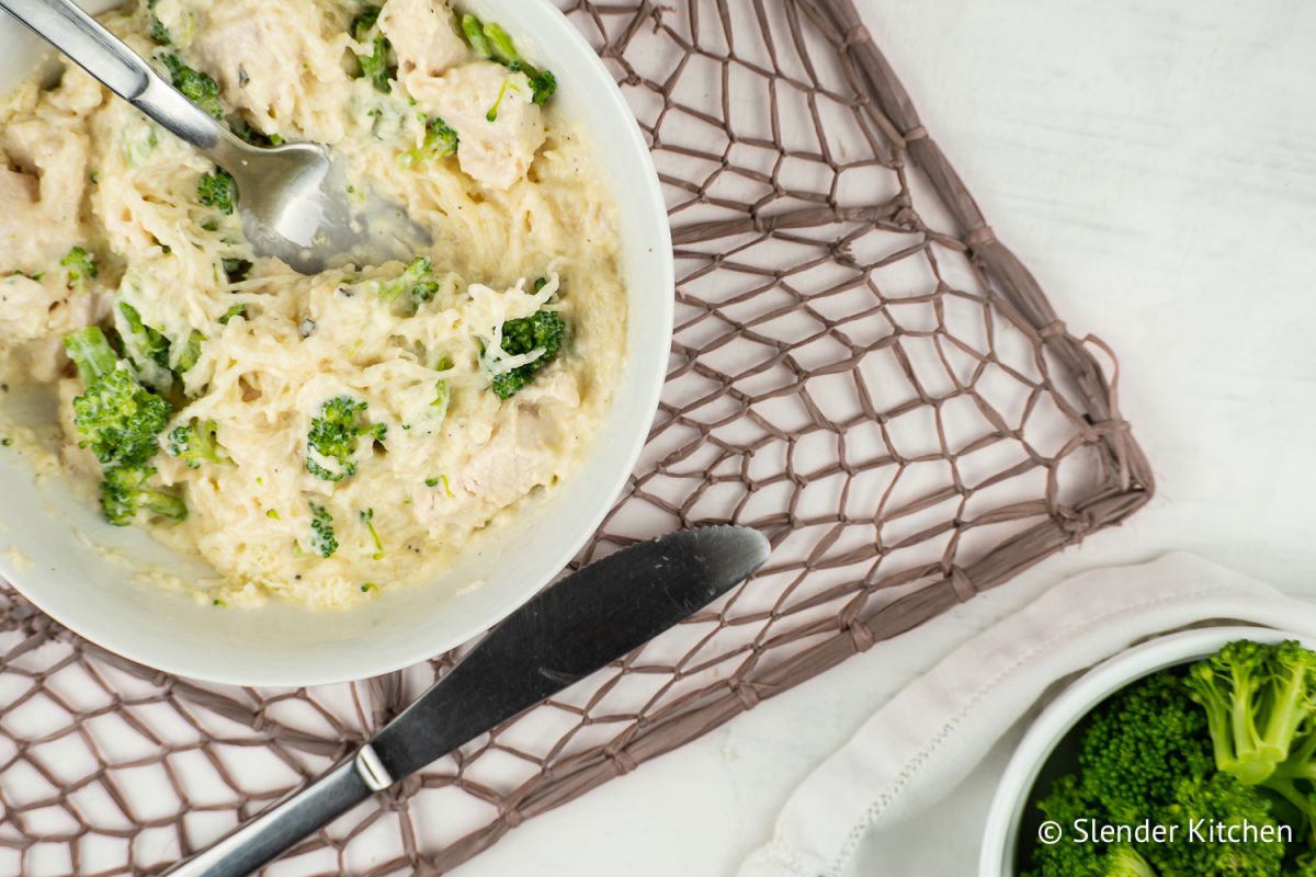 Creamy Parmesan Spaghetti Squash With Chicken And Broccoli Slender Kitchen